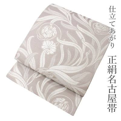 Women's Tailored Silk Nagoya Obi Belt - Light Beige Botanical Pattern-