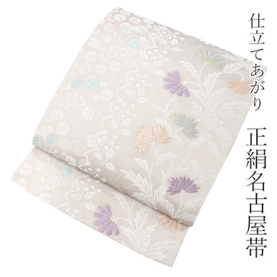 Women's Tailored Silk Nagoya Obi Belt - Light Gray ,Arabesque Flower Pattern-