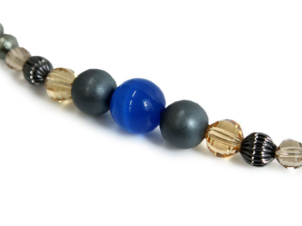 Haori string natural stone Deep blue sky blue cat's eye, Matte gold cotton pearls, Women