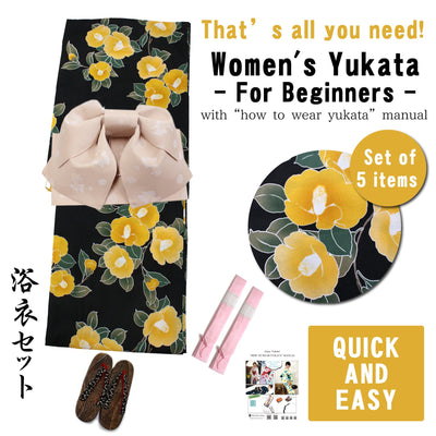 Women's Yukata Coordinate Set of 5 Items For Beginners : Black / Yellow Camellia