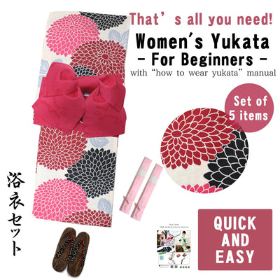 Women's Yukata Coordinate Set of 5 Items For Beginners :Unbleached Color/Black and Red Chrysanthemum