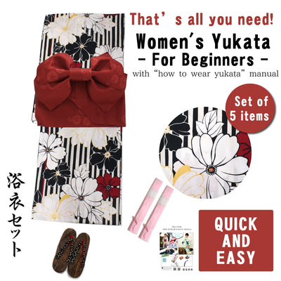 Women's Yukata Coordinate Set of 5 Items For Beginners :Black/White Stripe and Flower
