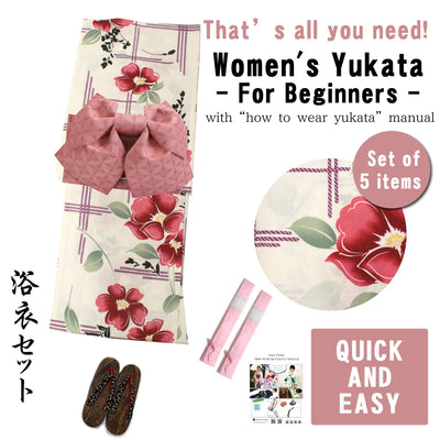 Women's Yukata Coordinate Set of 5 Items For Beginners :White/Purple Stripe and Flower