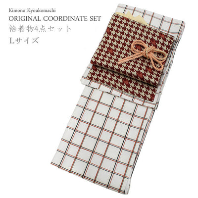Washable Awase Kimono, Nagoya Obi, Pure Silk Obiage, Pure Silk Obijime, 4 piece set, Women, White, Checkerd pattern, L size