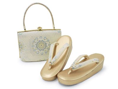 Zori sandals and bag set, Women, White, Gold, flower pattern 