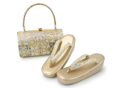 Zori sandals and bag set, Women, White, Gold, arabesque pattern