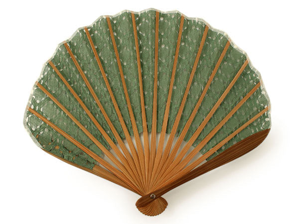 Sensu, foldable fan, fan bag, 2-piece set in paulownia box ,women, green, lace