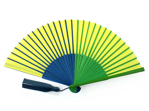 Sensu, Foldable fan, Fan bag, 2-piece set in paulownia box ,Women, Multicolor Yellow,Navy and Green, Cotton