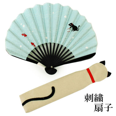 Sensu, Foldable fan, Fan bag, 2-piece set in gift box, Women,Light blue, Goldfish, Cat
