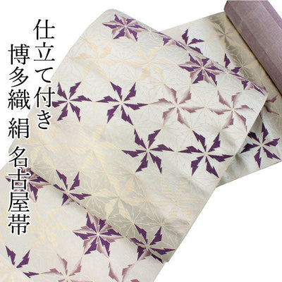 Women's Silk HAKATA-ORI Nagoya Obi Belt With Tailoring - Beige, Purple gradated hemp leavesPattern-