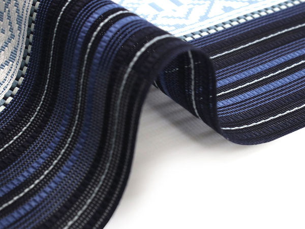 Women's Silk HAKATA-ORI Nagoya Obi Belt With Tailoring - Blue and Black, Light Blue Typical HAKATA-ORI Pattern-