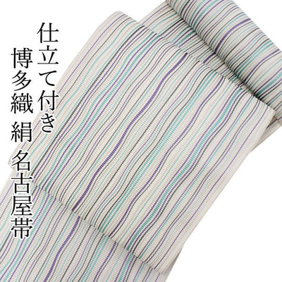Women's Silk HAKATA-ORI Nagoya Obi Belt With Tailoring - White, Light Beige,Light Gren Stripe Pattern-