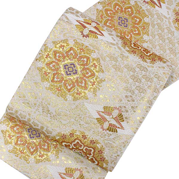 Women's Tailored Washable Polyester Fukuro Obi Belt - Light Beige, Gold Flower Pattern-