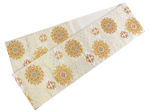 Women's Tailored Washable Polyester Fukuro Obi Belt - Light Beige, Gold Flower Pattern-