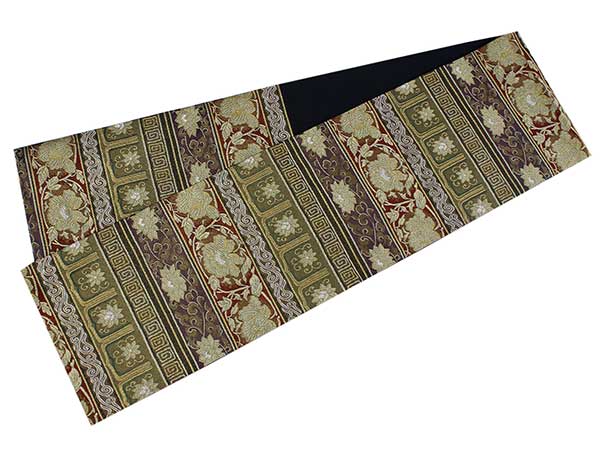 Women's Tailored Washable Polyester Fukuro Obi Belt - Dark Green and Red,Flowers and Arabesques Pattern-