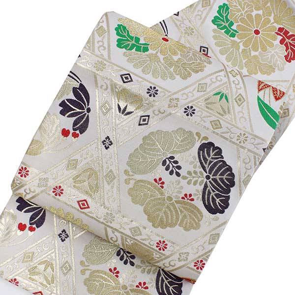 Women's Tailored Washable Polyester Fukuro Obi Belt - Light Beige, Flower Pattern-