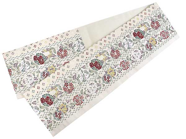 Women's Tailored Washable Polyester Fukuro Obi Belt - Beige, Arabesque and Diamond Shaped Pattern-