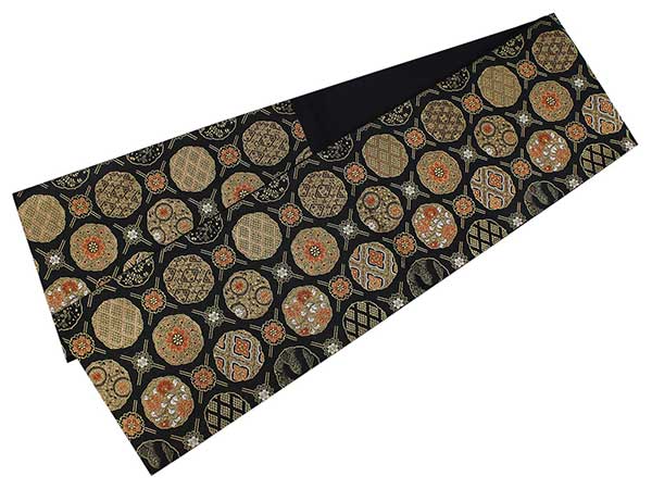 Women's Tailored Washable Polyester Fukuro Obi Belt - Black ,Oblique Lattice with Flowers Pattern-