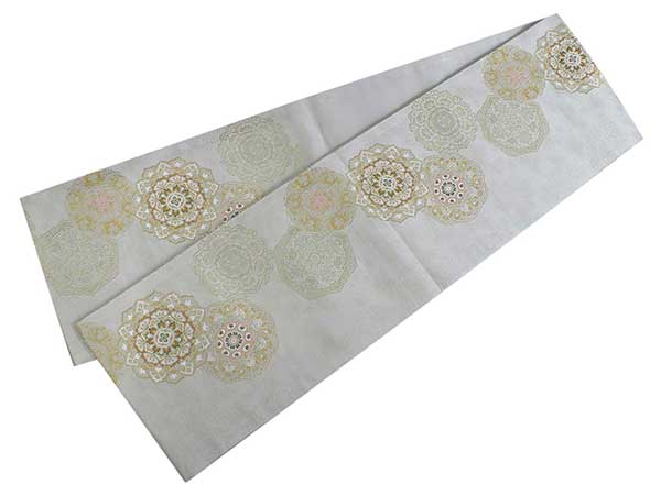 Women's Tailored Washable Polyester Fukuro Obi Belt - Light Gray,Gold Flowers Pattern-