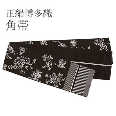 Men's Reversible Silk HAKATA-Ori KAKU Obi Belt - Dark Brown, Light Beige Chōjū-giga/A Straight Line Pattern-