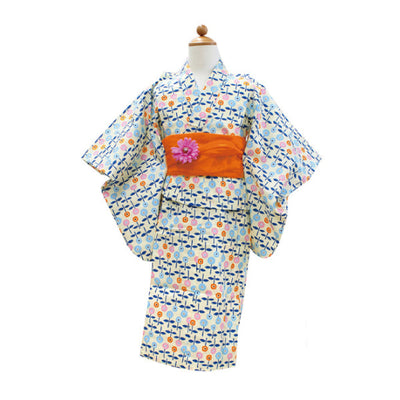 Girl's Scandinavian-Patterned Yukata & Heko-obi Set : Orange& Blue Daisy