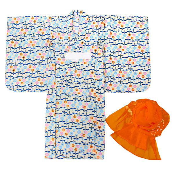 Girl's Scandinavian-Patterned Yukata & Heko-obi Set : Orange& Blue Daisy