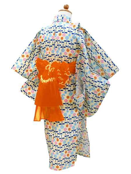 Girl's Scandinavian-Patterned Yukata & Heko-obi Set : Orange& Blue Daisy