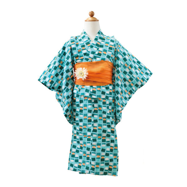 Girl's Scandinavian-Patterned Yukata & Heko-obi Set : Light Blue Geometry