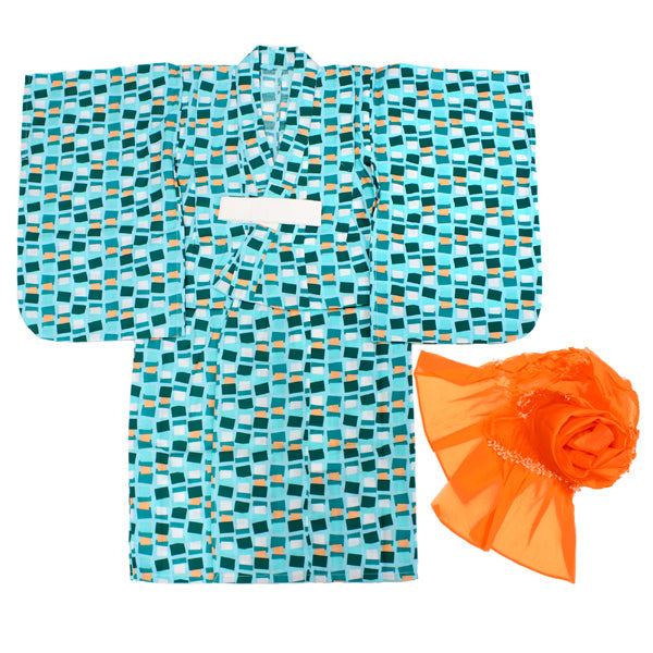 Girl's Scandinavian-Patterned Yukata & Heko-obi Set : Light Blue Geometry