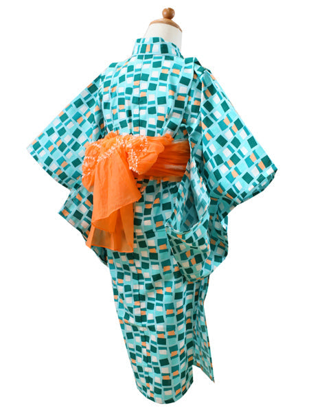 Girl's Scandinavian-Patterned Yukata & Heko-obi Set : Light Blue Geometry