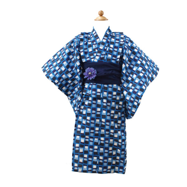 Girl's Scandinavian-Patterned Yukata & Heko-obi Set : Blue Geometry