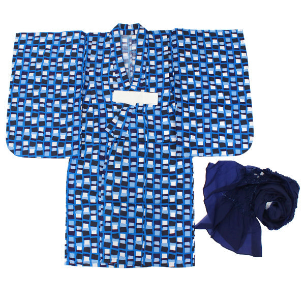 Girl's Scandinavian-Patterned Yukata & Heko-obi Set : Blue Geometry