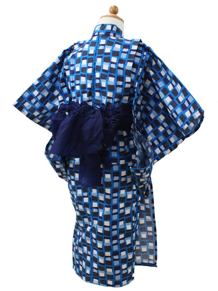 Girl's Scandinavian-Patterned Yukata & Heko-obi Set : Blue Geometry