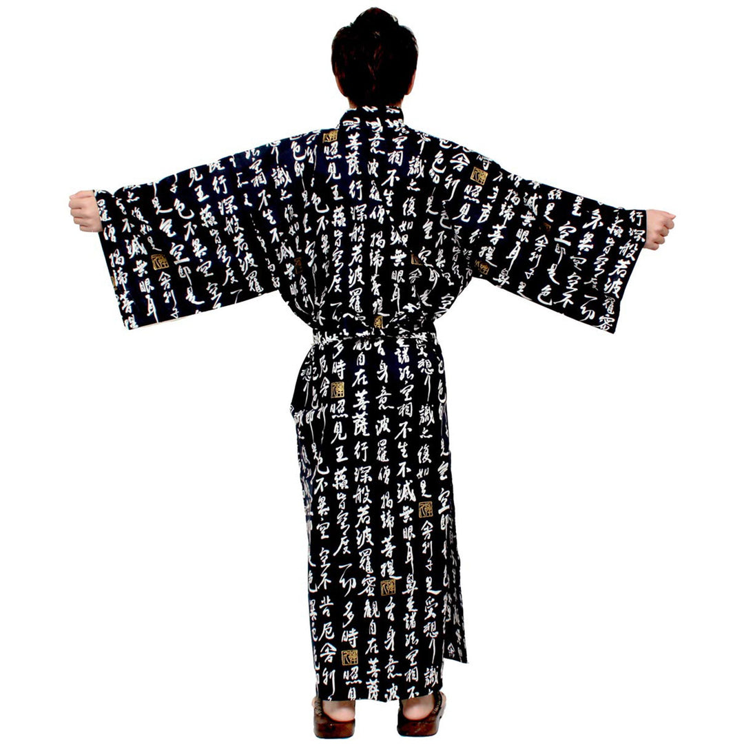 Men's Yukata Robe Japanese Summer Kimono -  "HANNYA" Sutra Black