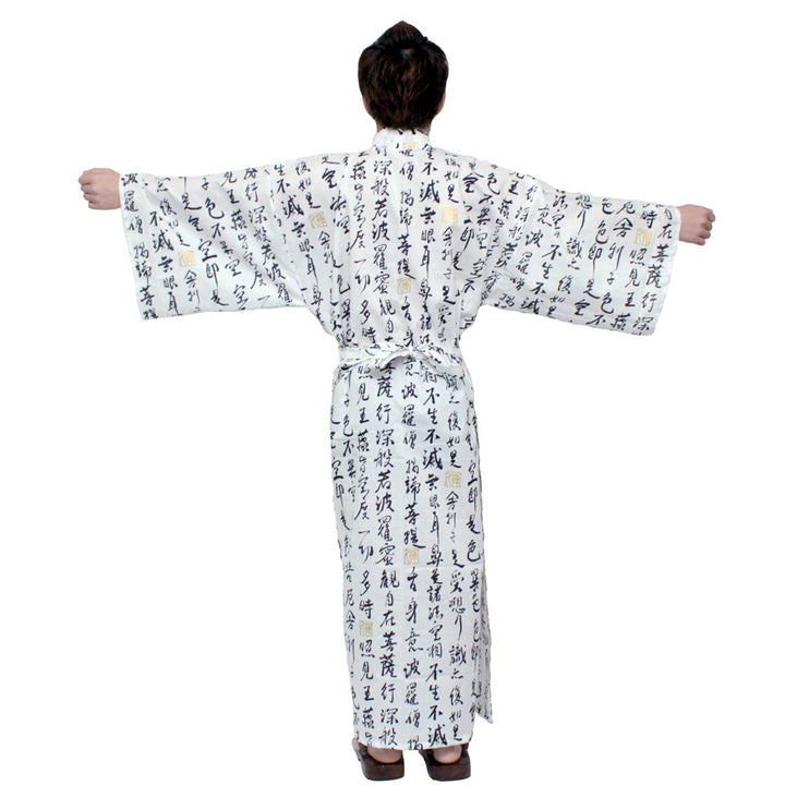 Men's Yukata Robe Japanese Summer Kimono -  "HANNYA" Sutra White