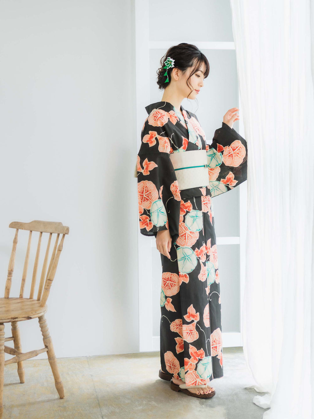 Women's Hemp Cotton Yukata, Casual Summer Kimono, Black Mornig glory