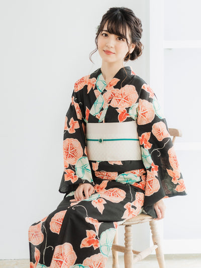 Women's Hemp Cotton Yukata, Casual Summer Kimono, Black Mornig glory