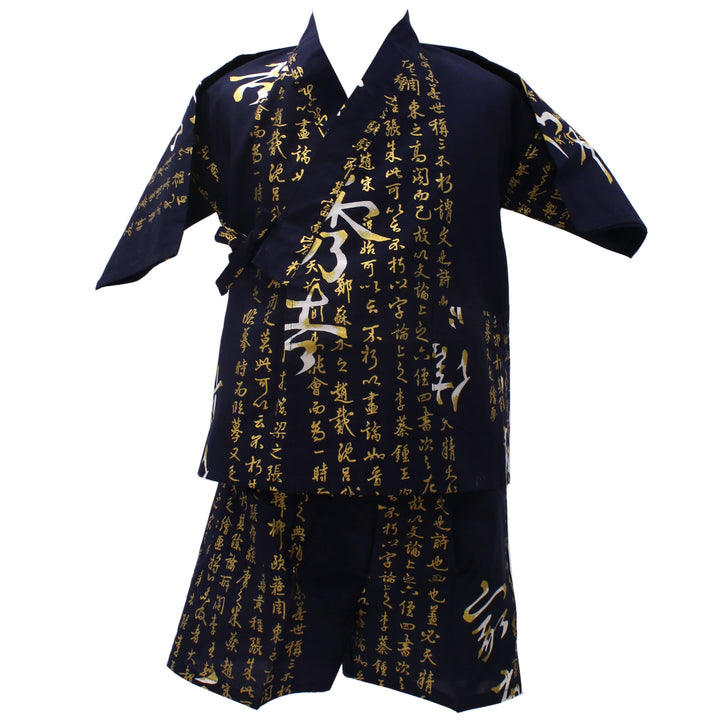 Boy's Kids Jinbei Yukata Robe Kimono for Summer - Calligraphy "HIDEYOSHI" Navy