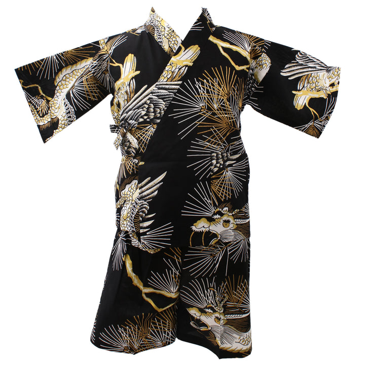 Boy's Kids Jinbei Yukata Robe Kimono for Summer - Dragon & Hawk Black