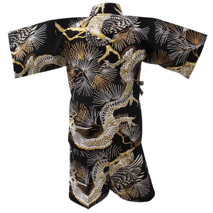 Boy's Kids Jinbei Yukata Robe Kimono for Summer - Dragon & Hawk Black