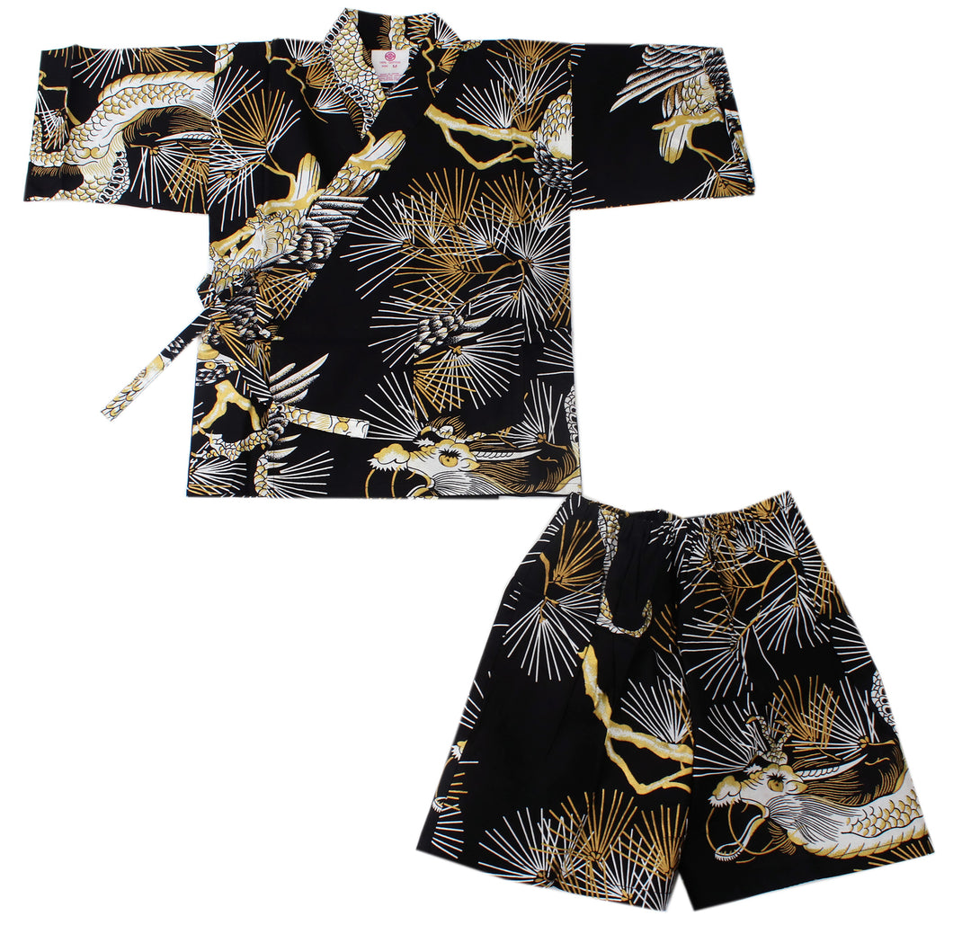 Boy's Kids Jinbei Yukata Robe Kimono for Summer - Dragon & Hawk Black