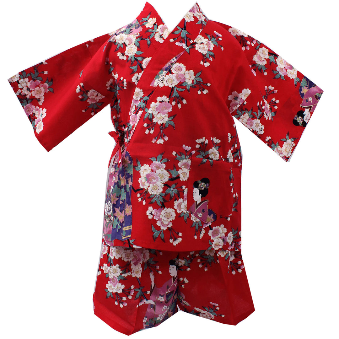 Girl's Kids Jinbei Yukata Robe Kimono for Summer- Lovely "Maiko" Red