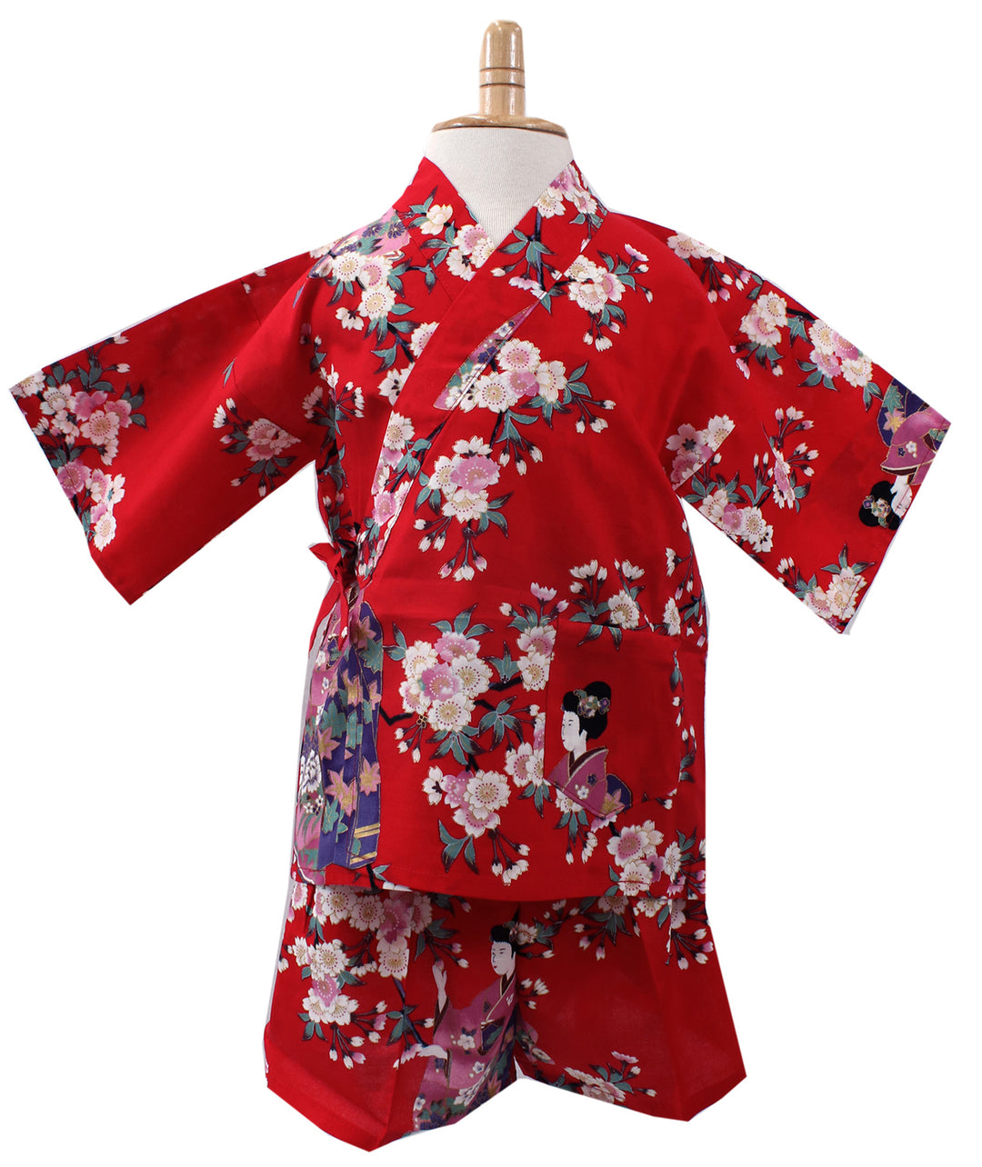 Girl's Kids Jinbei Yukata Robe Kimono for Summer- Lovely "Maiko" Red