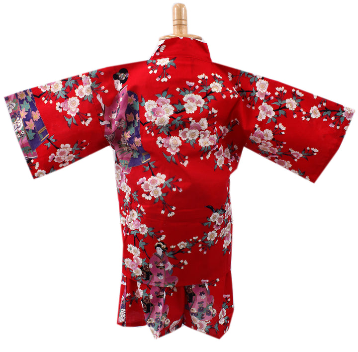 Girl's Kids Jinbei Yukata Robe Kimono for Summer- Lovely "Maiko" Red