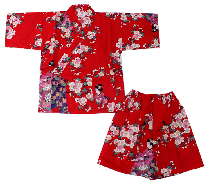 Girl's Kids Jinbei Yukata Robe Kimono for Summer- Lovely "Maiko" Red