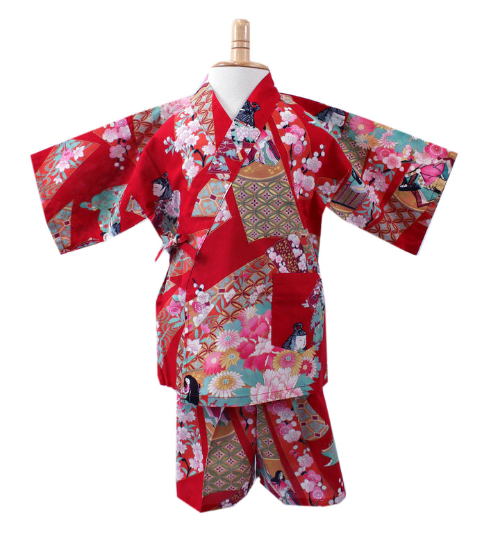 Girl's Kids Jinbei Yukata Robe Kimono for Summer- Little Dolls Red