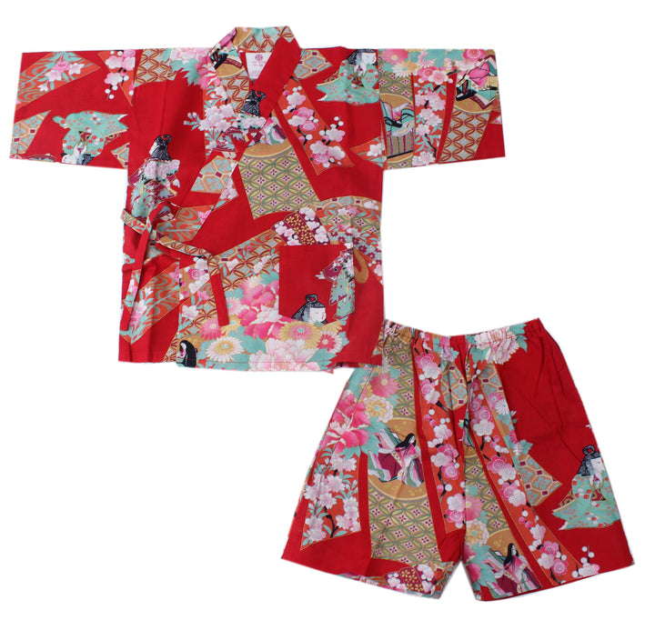 Girl's Kids Jinbei Yukata Robe Kimono for Summer- Little Dolls Red