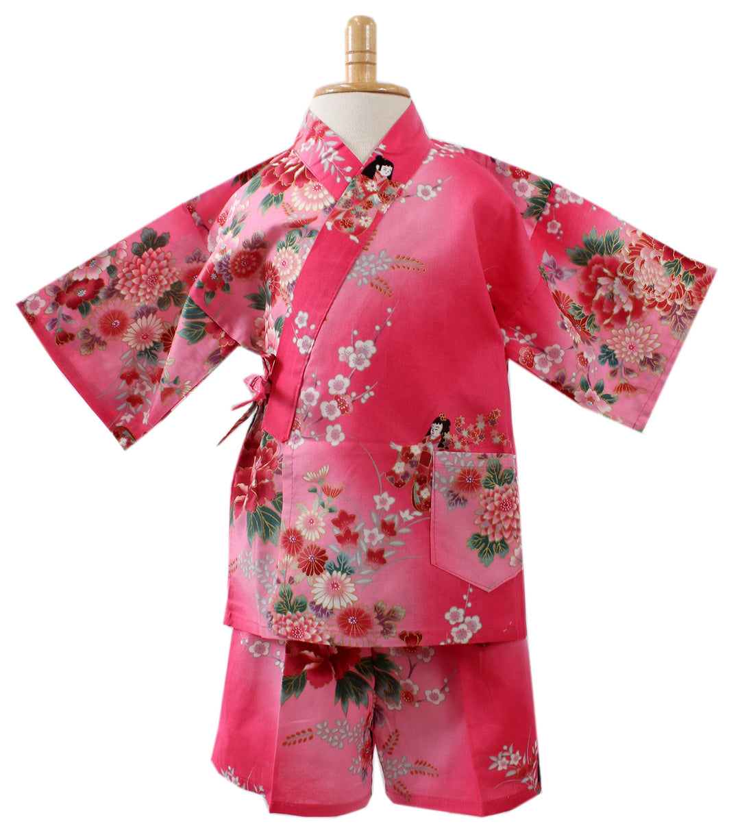 Girl's Kids Jinbei Yukata Robe Kimono for Summer- Dolls in Color Gradation Pink