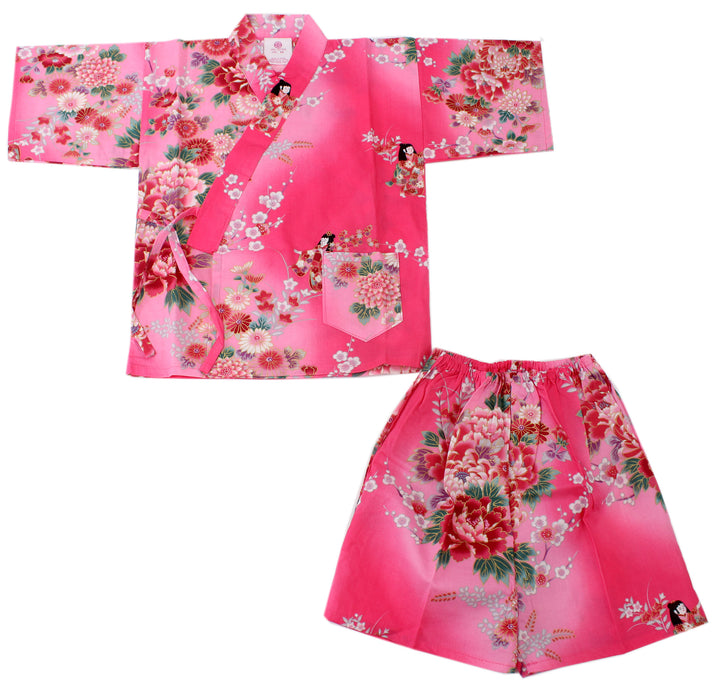 Girl's Kids Jinbei Yukata Robe Kimono for Summer- Dolls in Color Gradation Pink