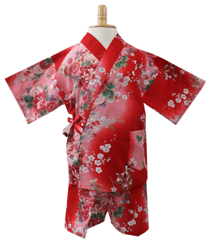 Girl's Kids Jinbei Yukata Robe Kimono for Summer- Dolls in Color Gradation Red